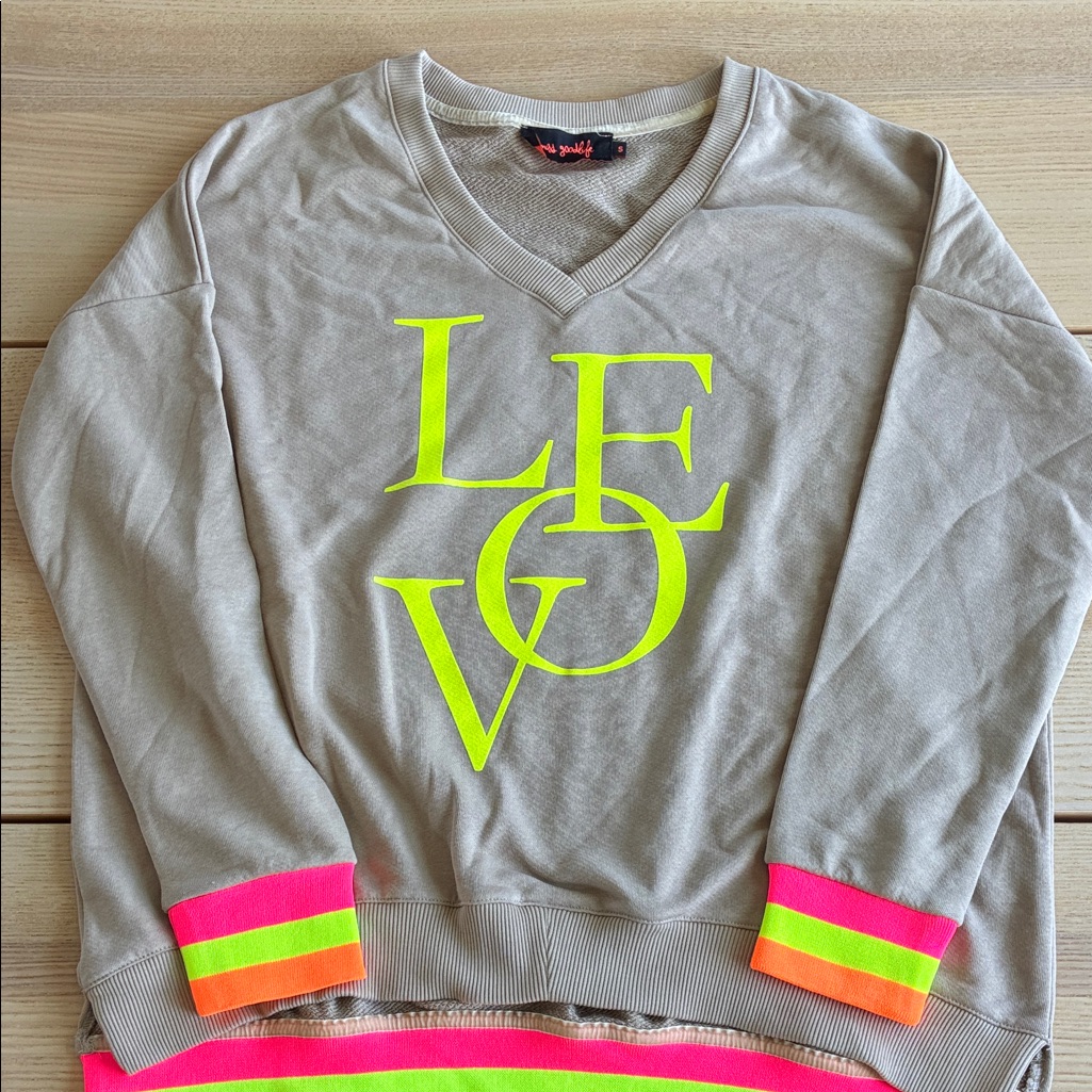 Miss Goodlife Tan V-Neck Sweater With Neon Accents